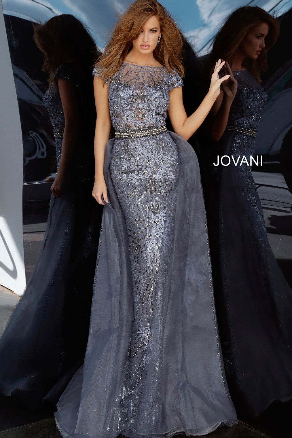 Smoke long over skirt evening dress Jovani 02327