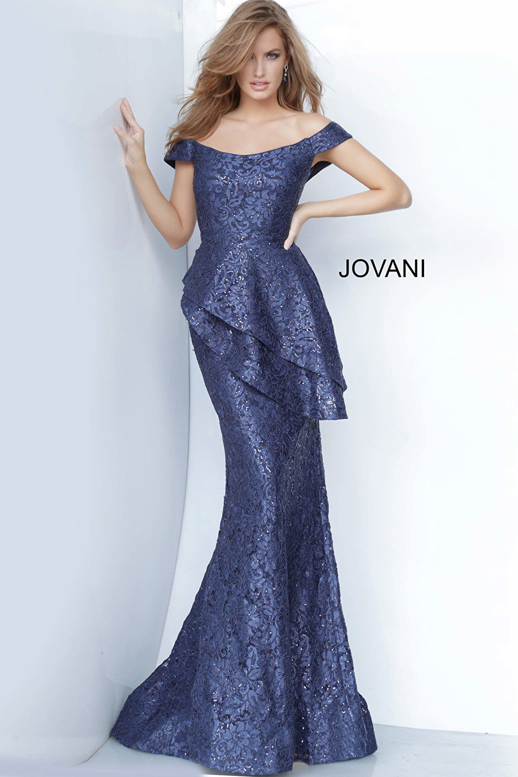 Jovani navy off the shoulder evening dress 02911