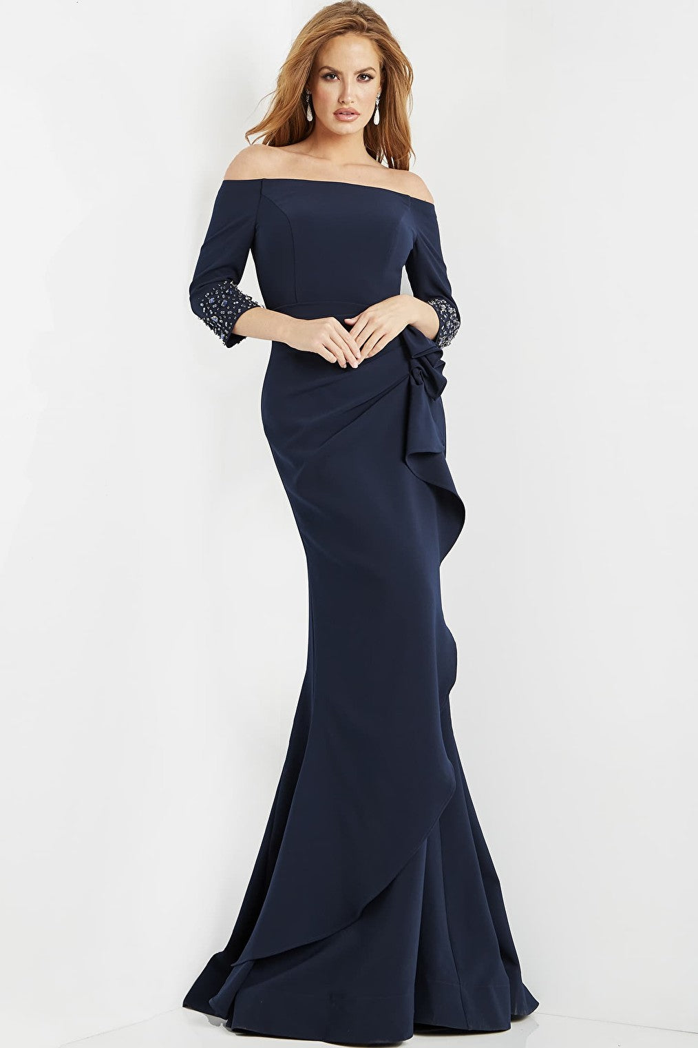 Straight neckline navy evening dress 08699
