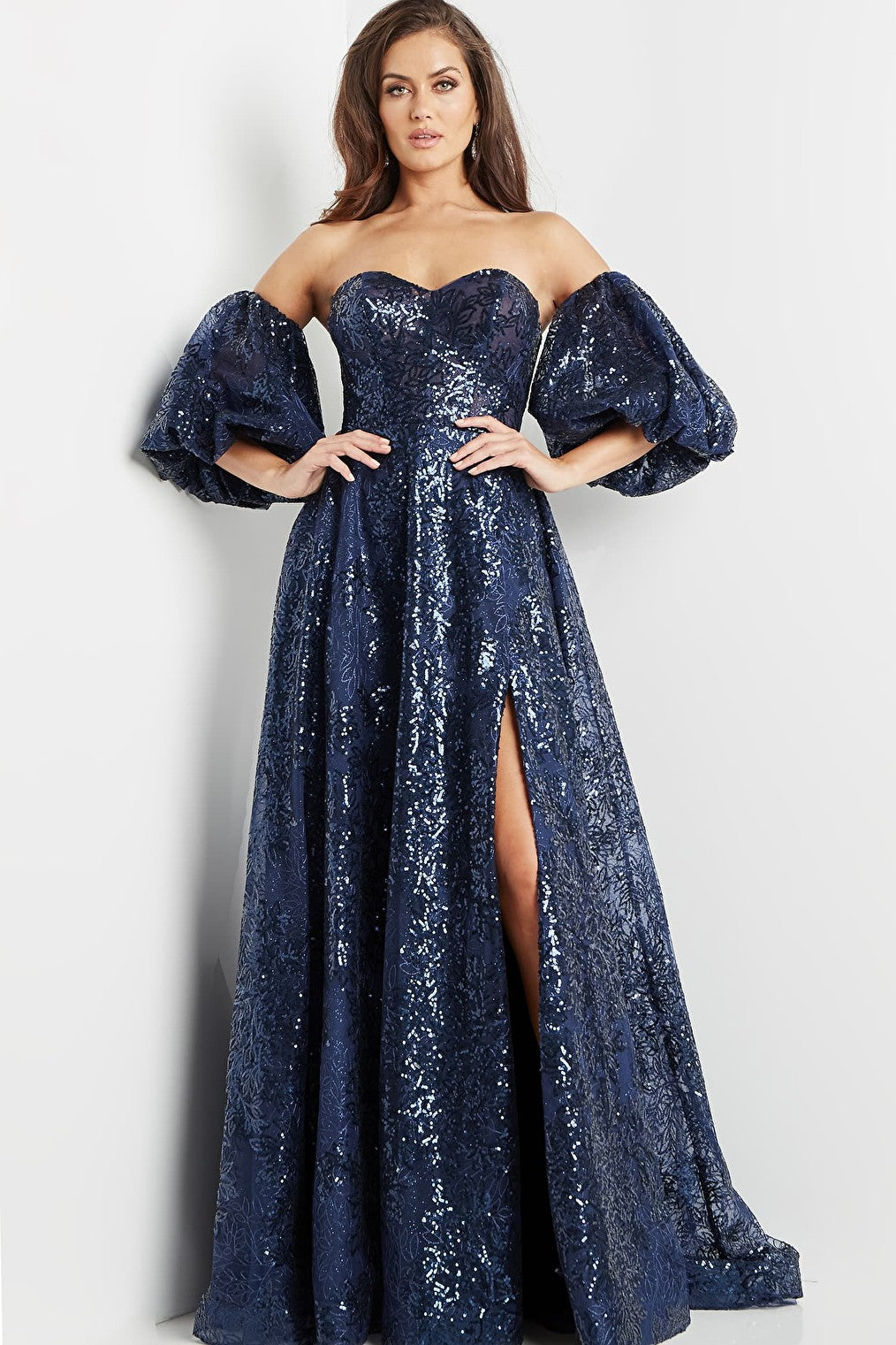 Navy high slit a line gown 22257