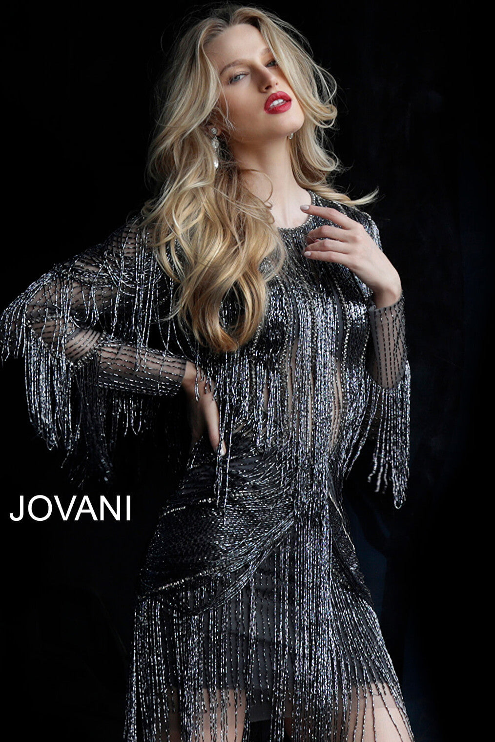 Jovani metallic fringe party dress 61636