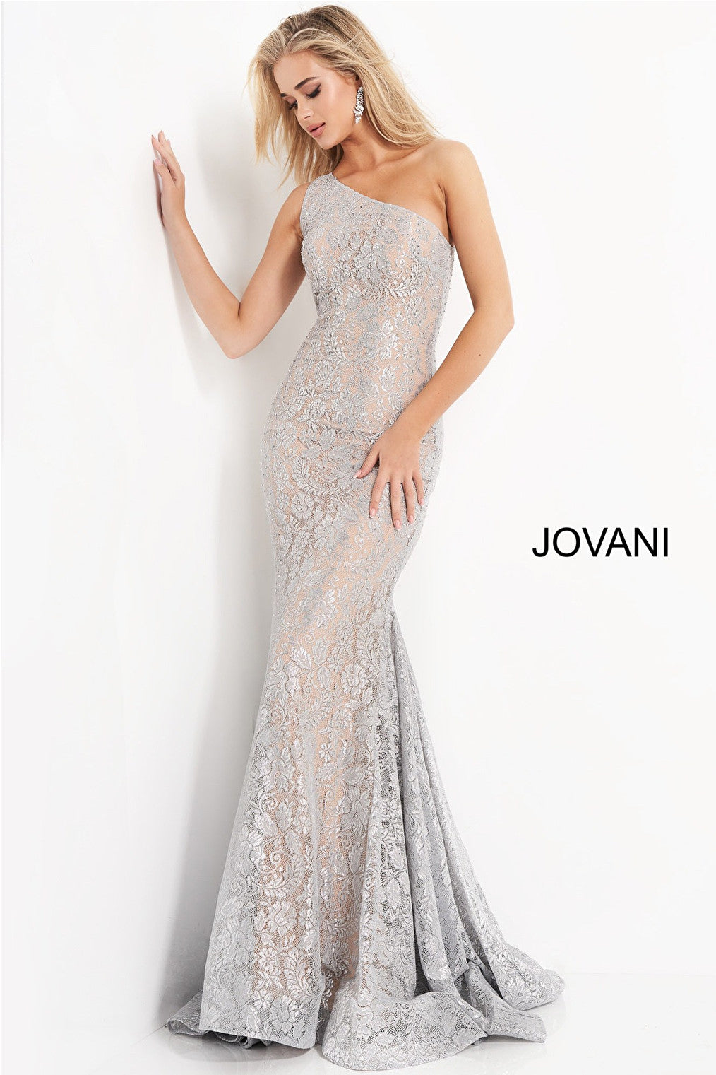 Silver lace fitted prom dress Jovani 00353
