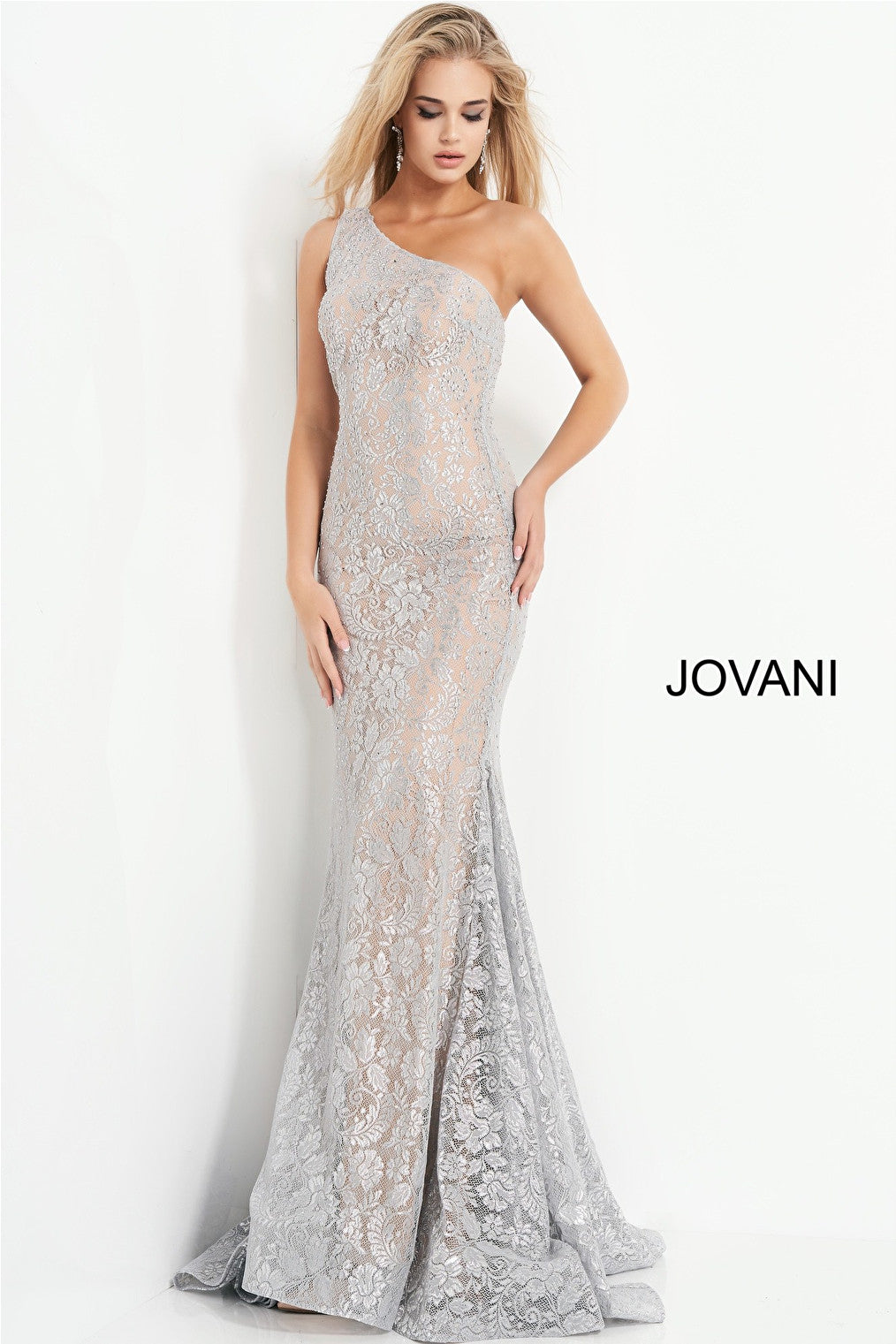 Silver one shoulder Jovani prom dress 00353