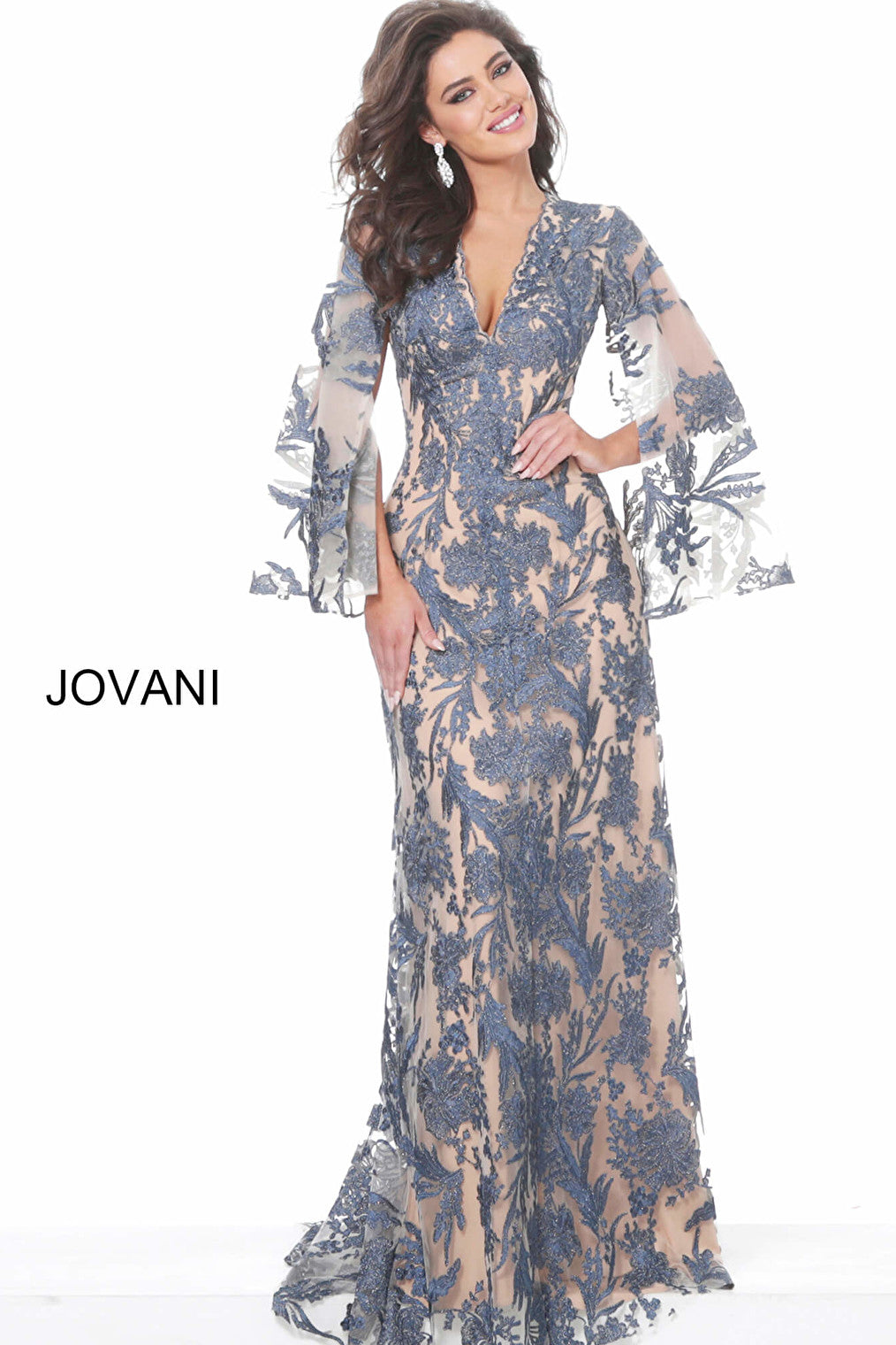 navy nude long sleeve evening dress Jovani 00752