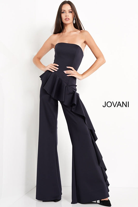 Jovani 00778 Navy Strapless Ruffle Evening Jumpsuit