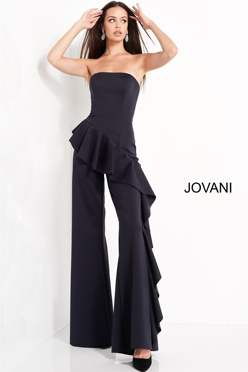 Jovani 00778 Navy Strapless Ruffle Evening Jumpsuit