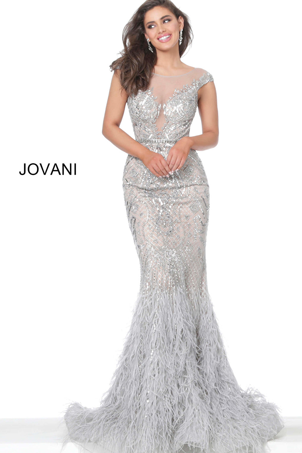 Silver feather skirt Jovani evening dress 00880