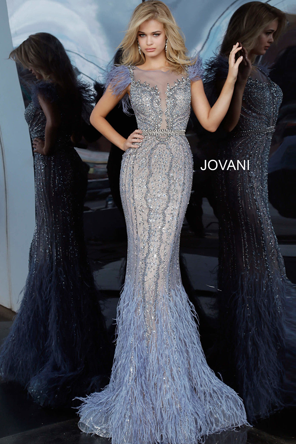 Jovani vintage blue feather dress 02326