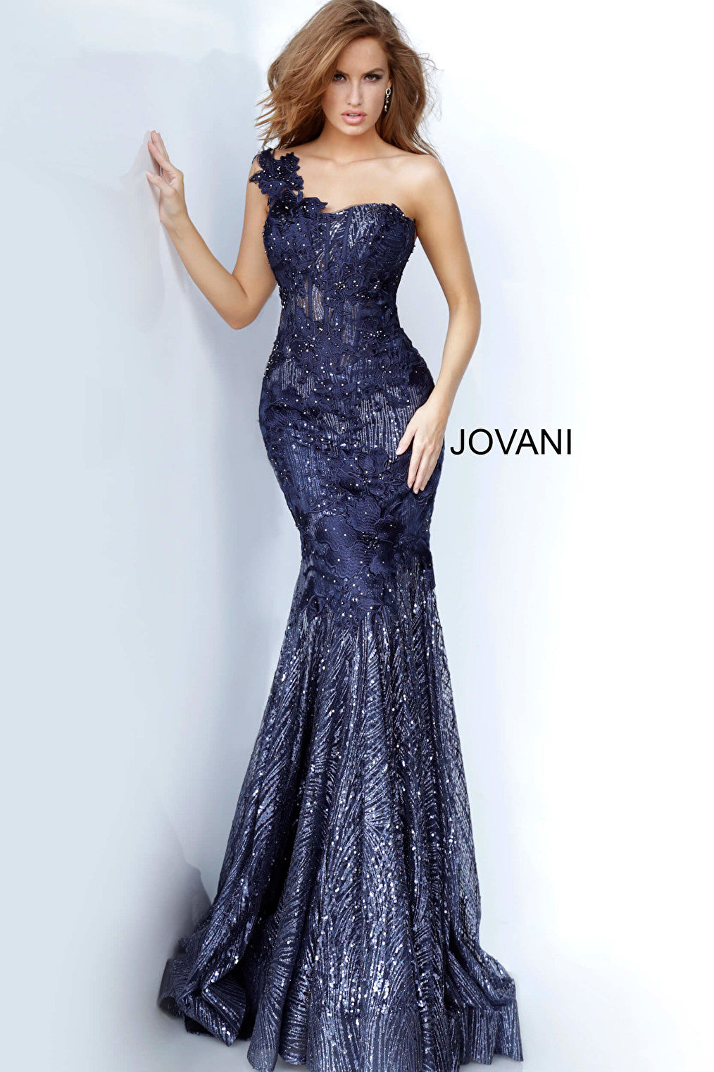Navy fitted embellished evening dress Jovani 02445