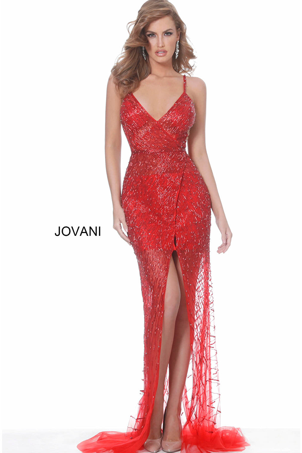 red beaded illusion prom dress 02498