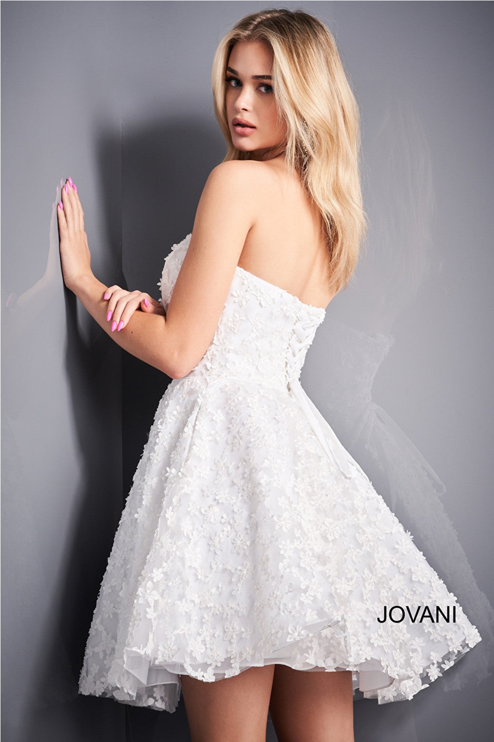 White fit and flare Jovani cocktail dress 02564