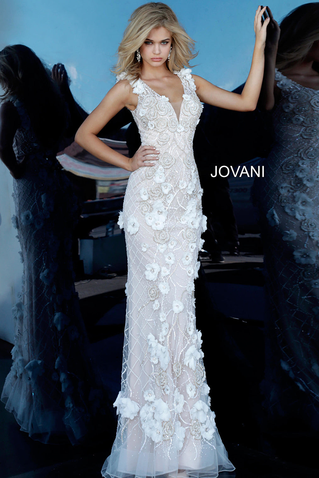 Ivory nude floral evening dress Jovani 02773