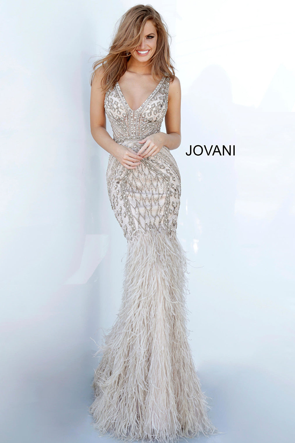 Silver feather evening dress Jovani 02798