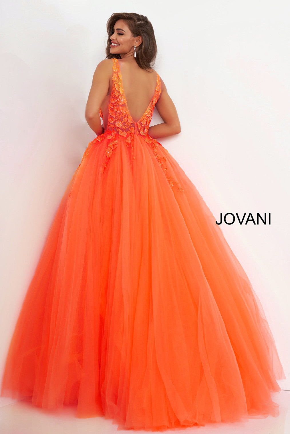 Orange V back prom ballgown Jovani 02840