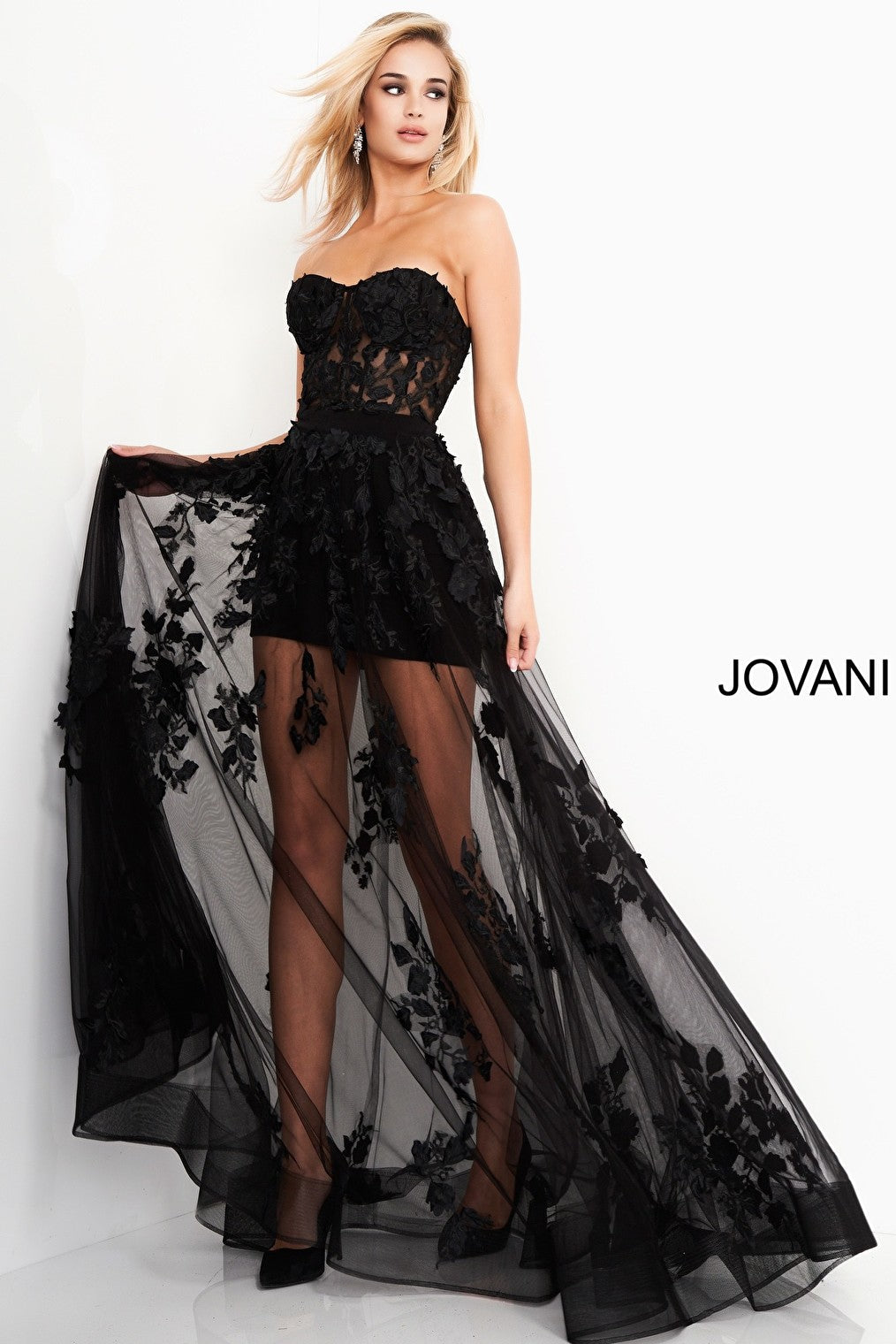 Black floral applique Jovani prom dress 02845