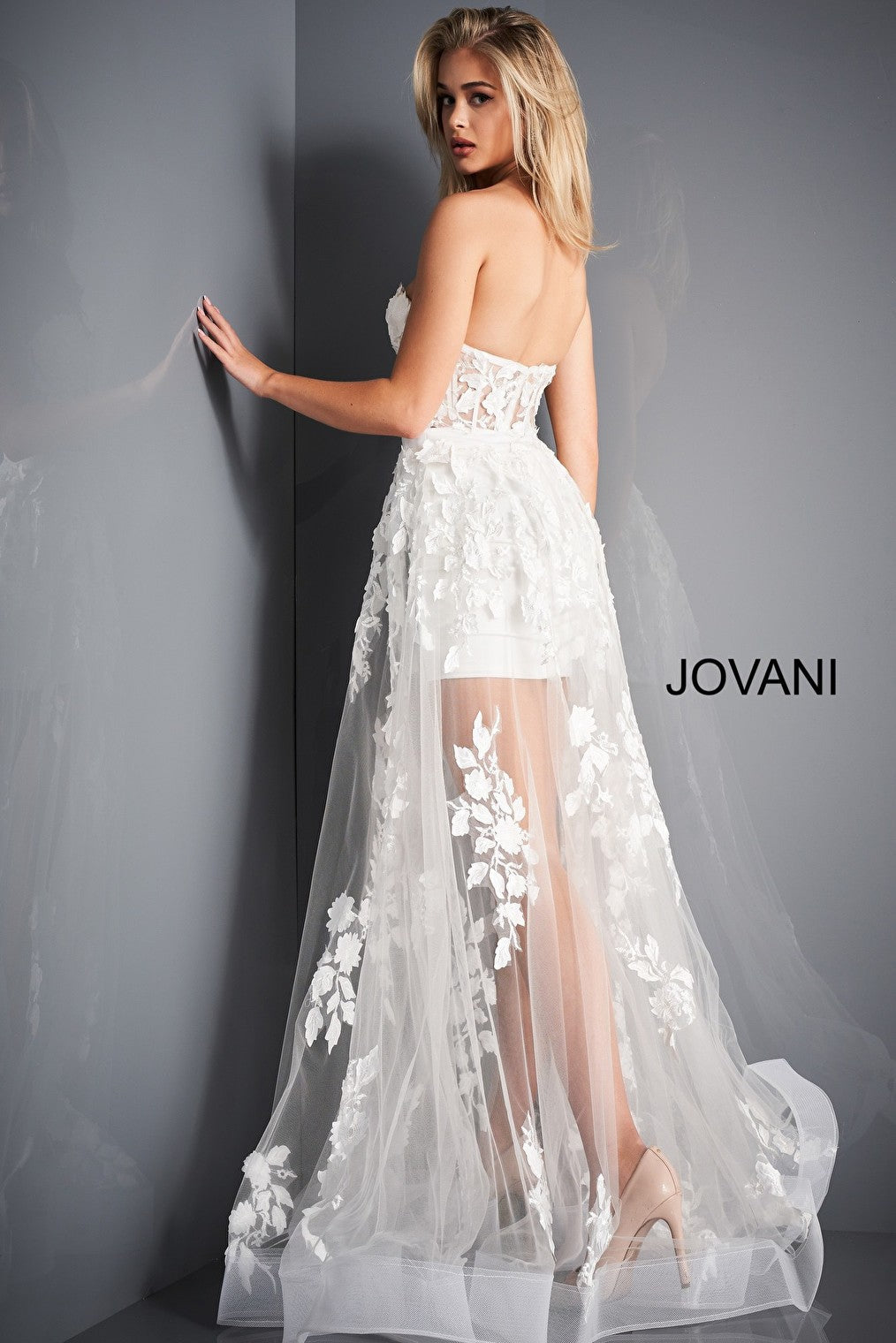Ivory floral Jovani informal wedding dress 02845