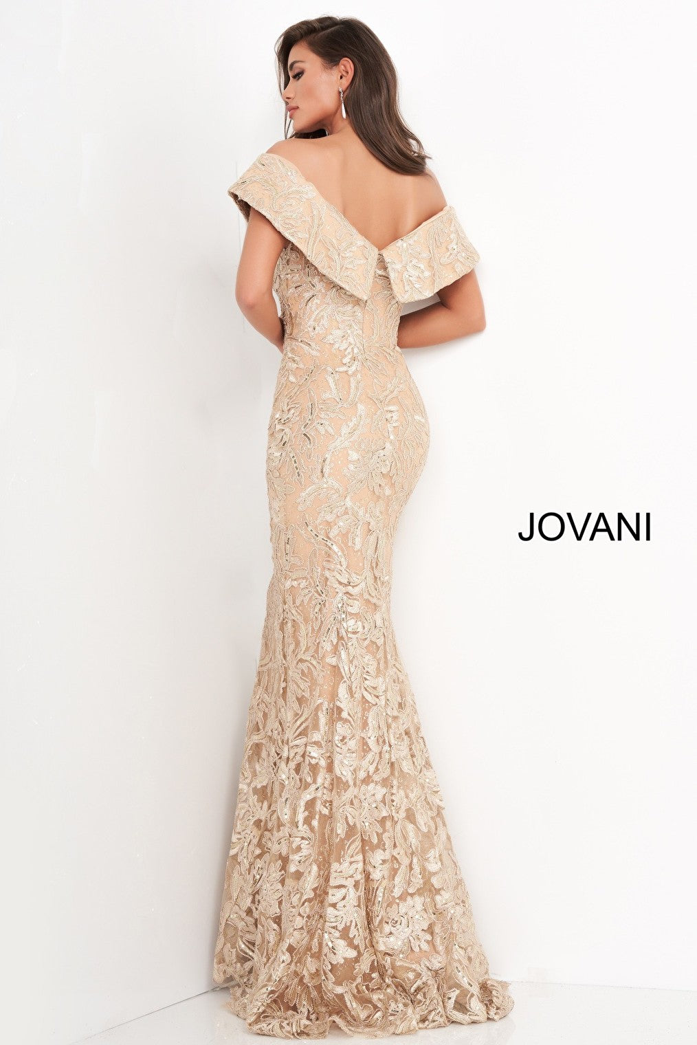 Gold lace embellished Jovani evening dress 02923