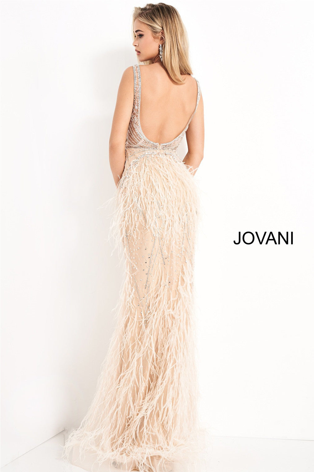 Blush sheath feather dress Jovani 03023