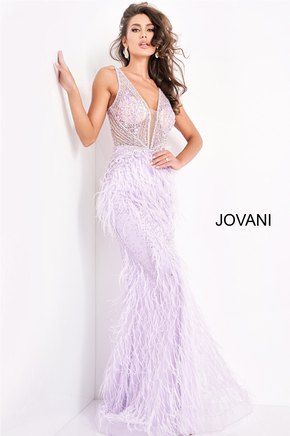 Lilac beaded feather prom dress 03023