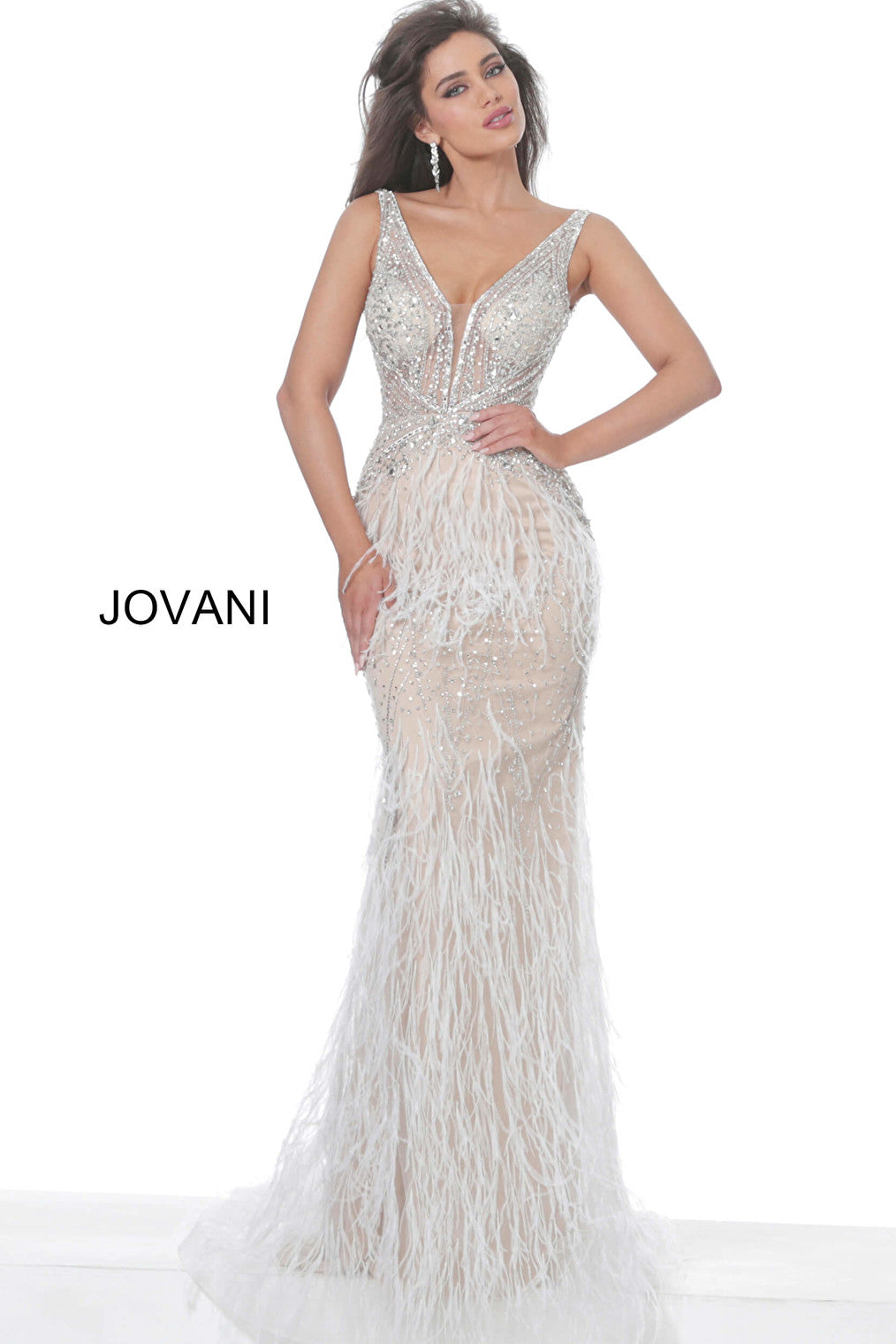 Off white feather prom dress Jovani 03023