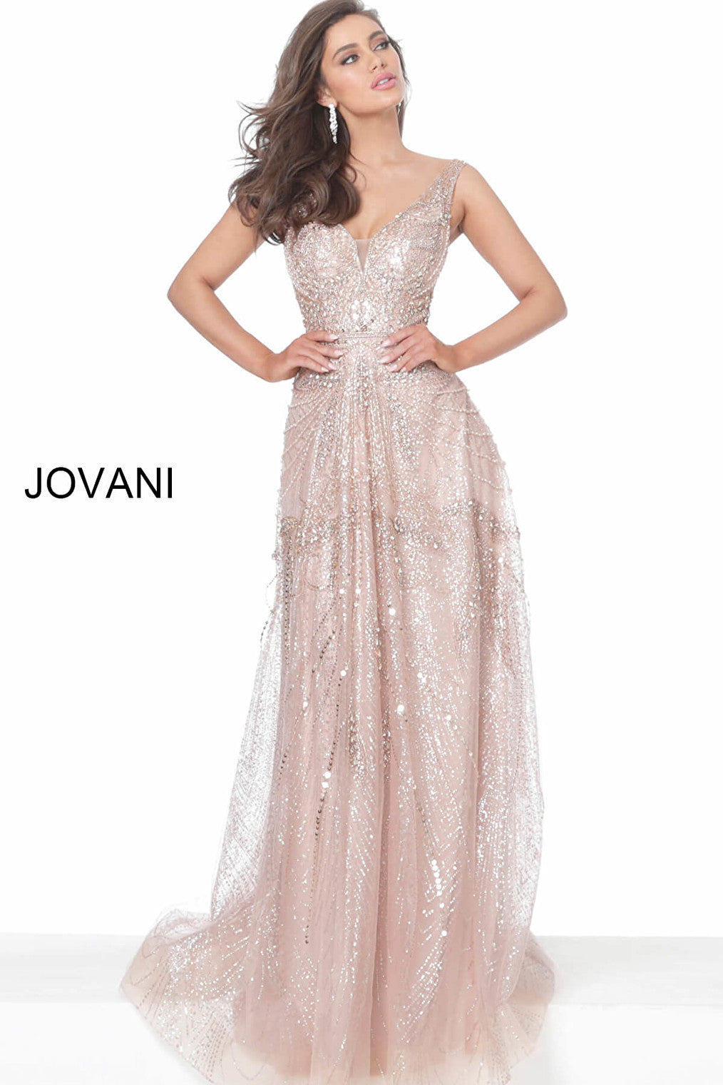 Rose gold plunging neckline maxi dress Jovani 05339