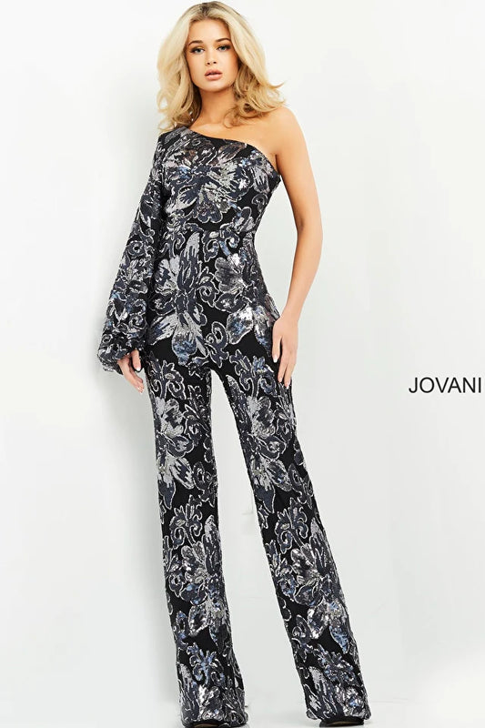 Jovani 03425 Black Gunmetal One Shoulder Contemporary Jumpsuit