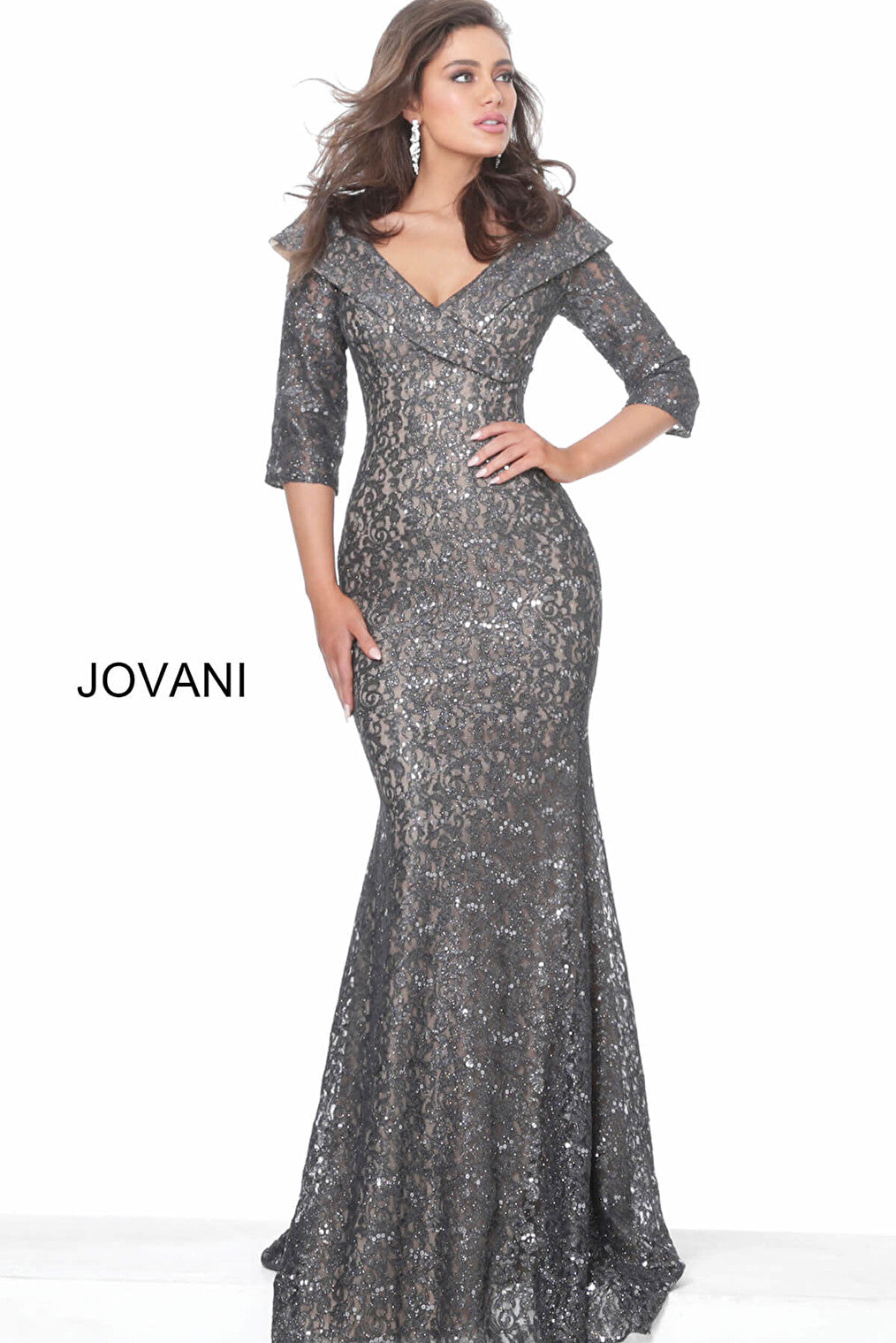 Grey three quarter sleeve evening dress Jovani 03426