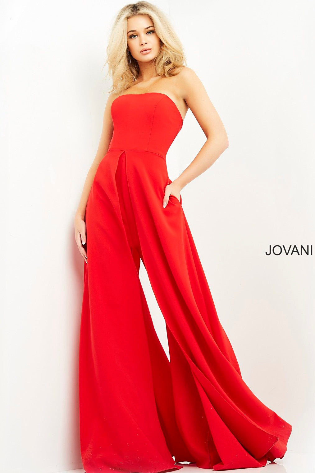 Red crepe contemporary Jovani jumpsuit 03529