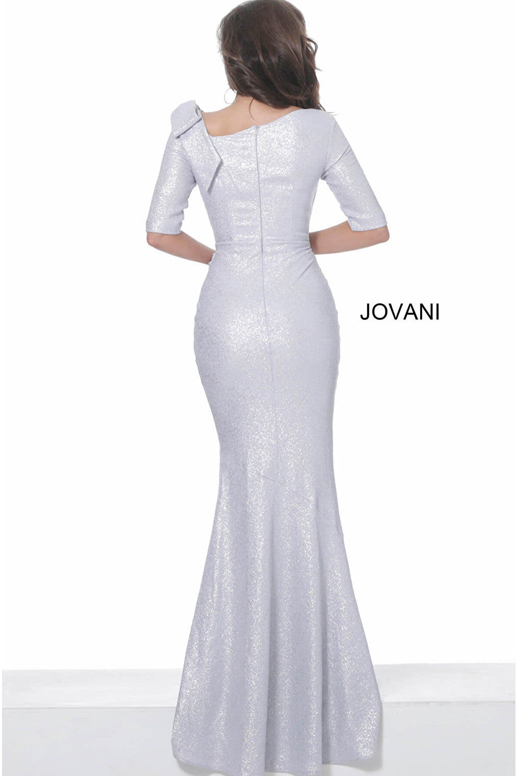 Jovani 03642 Silver Short Sleeve Ruched Evening Dress