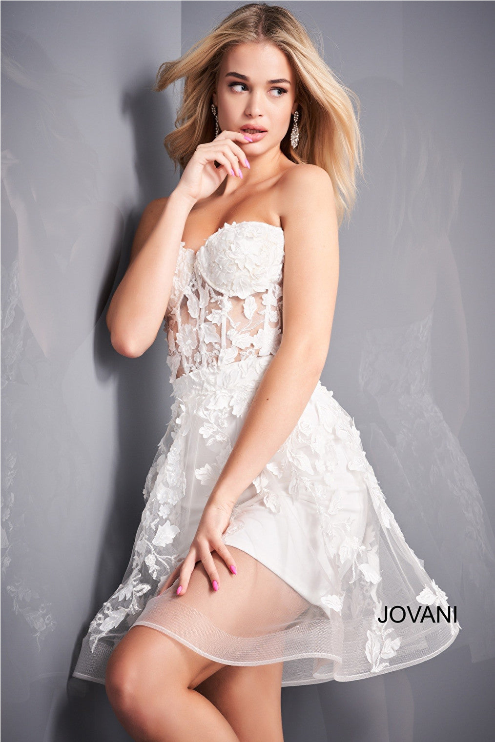 Sheer bodice white homecoming dress Jovani 04109