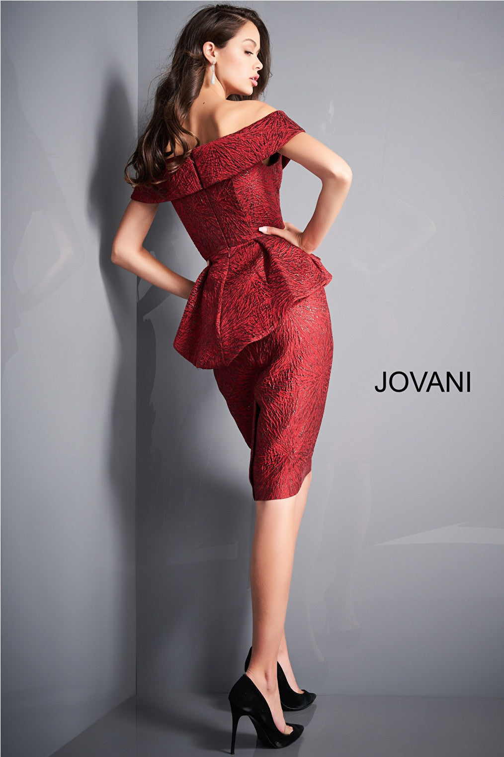 Sheath burgundy knee length cocktail dress Jovani 04157