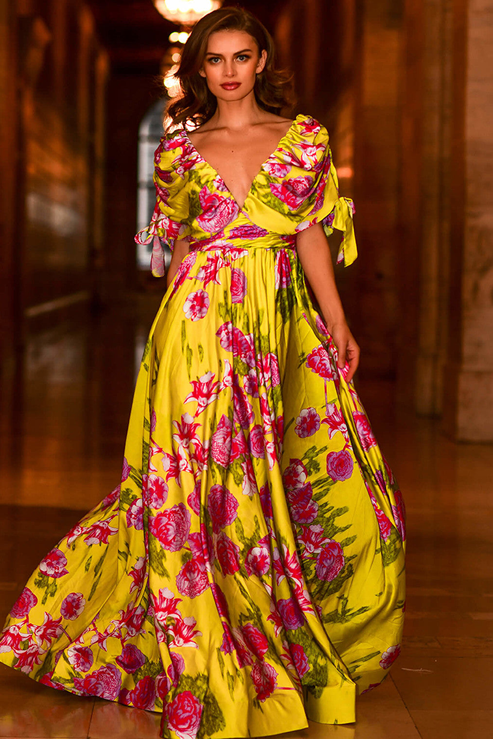 yellow and pink evening dress 04176