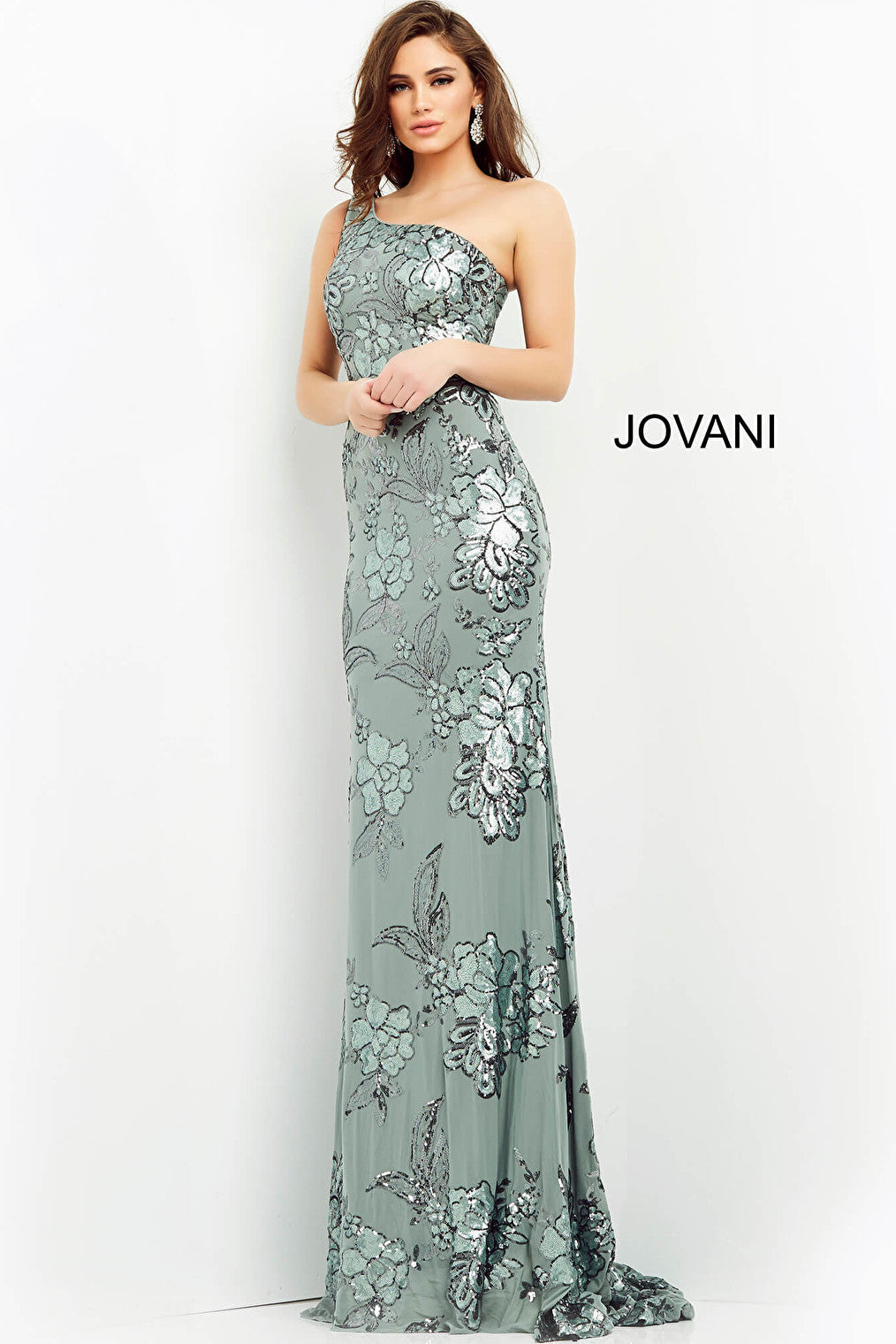 Sage one shoulder Jovani evening dress 04331