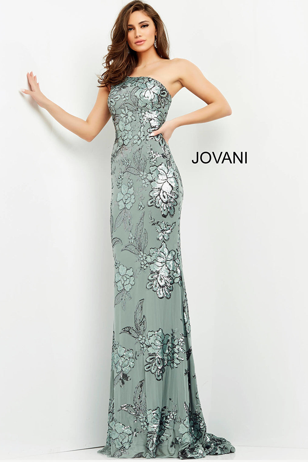 Sequin embellished sage dress Jovani 04331
