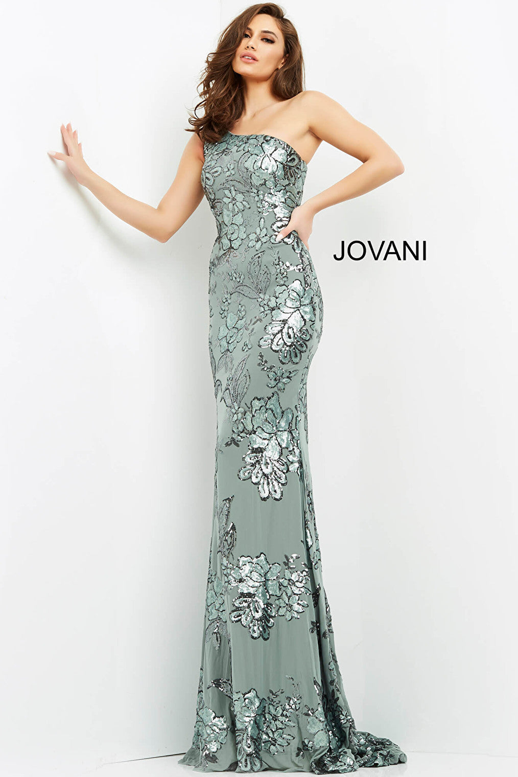 Fitted sage green evening dress Jovani 04331