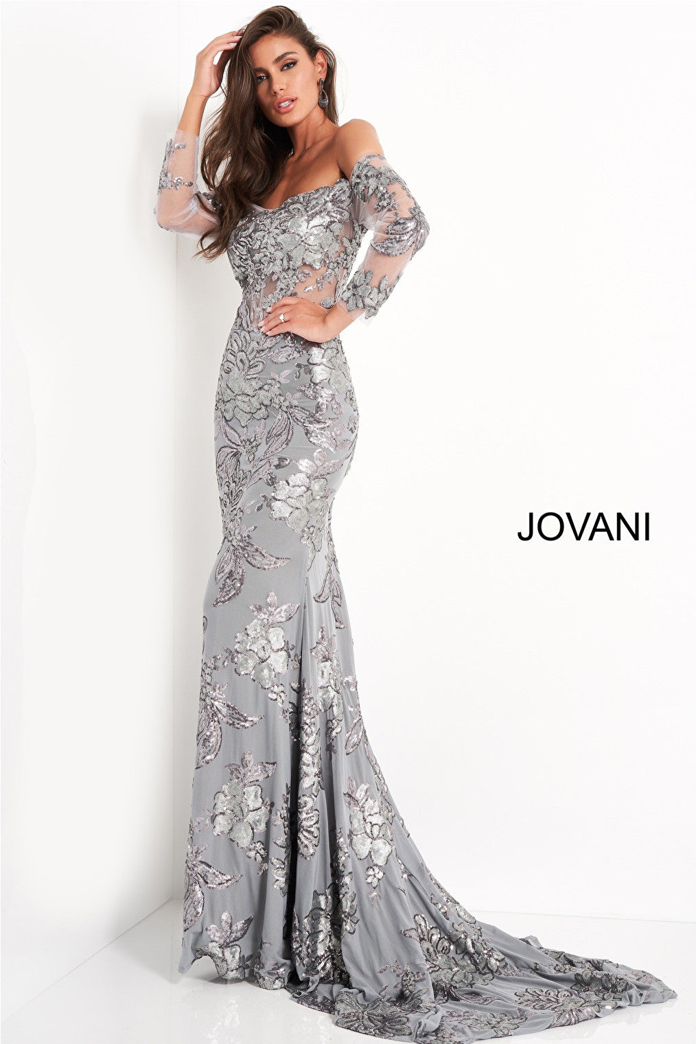 silver sequin mother of the bride dress Ladivine CD0239 Long Sleeve Fully Beaded Sheath Gown Mocha Gold / 18