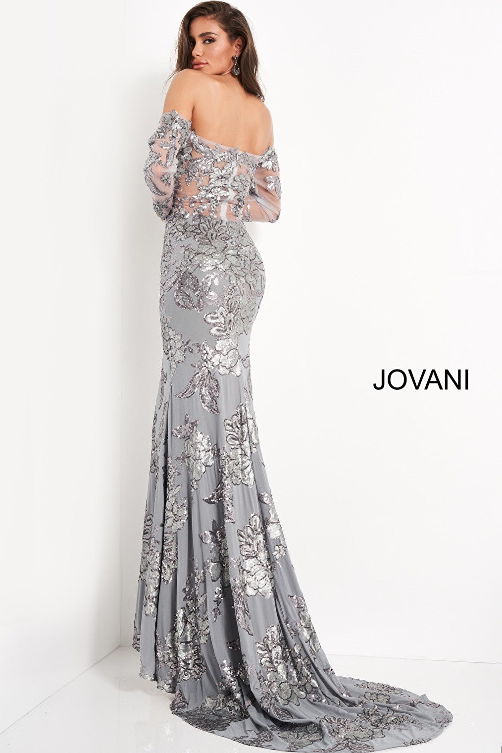 silver mob Jovani dress with train 04333