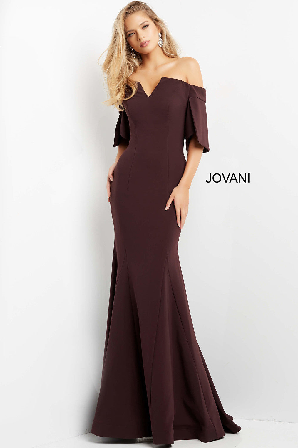 Jovani 04341 Plum Off the Shoulder Sheath Evening Dress