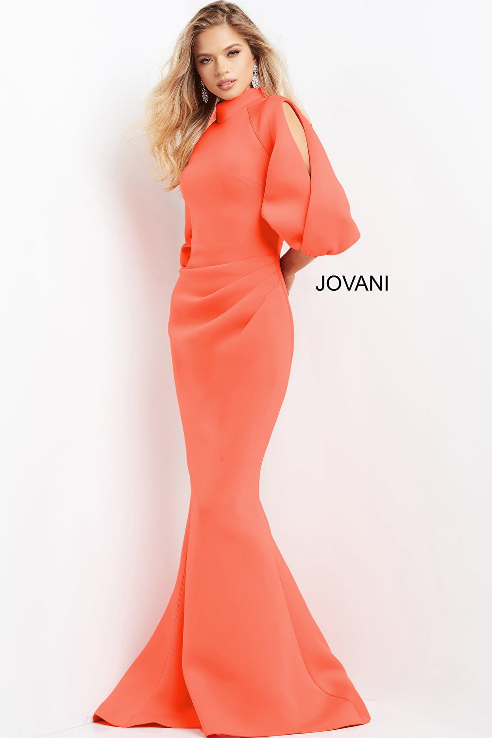 Jovani 04347 Light Coral High Neck Scuba Evening Dress