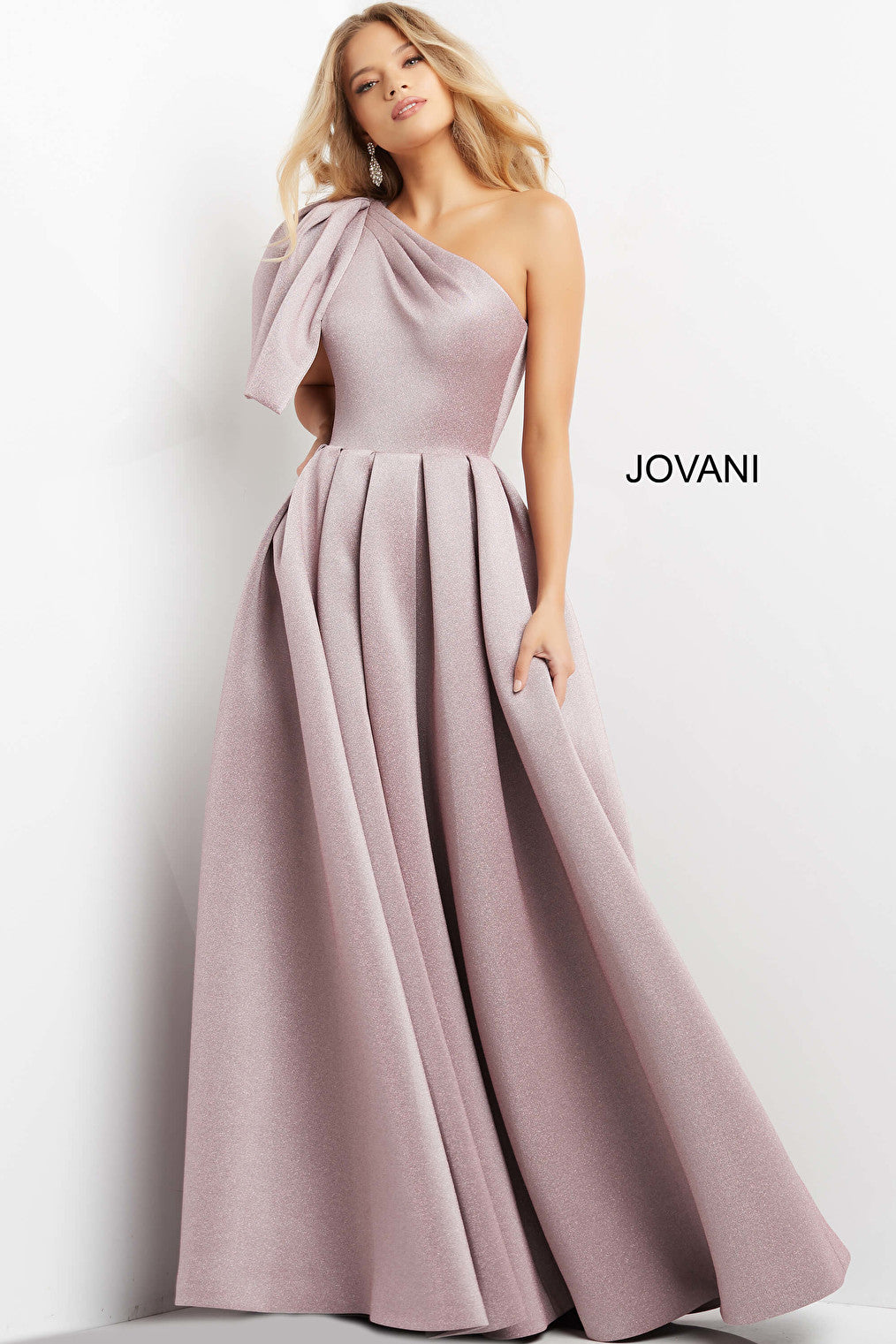 Jovani 04362 Pink Silver One Shoulder Pleated Evening Gown