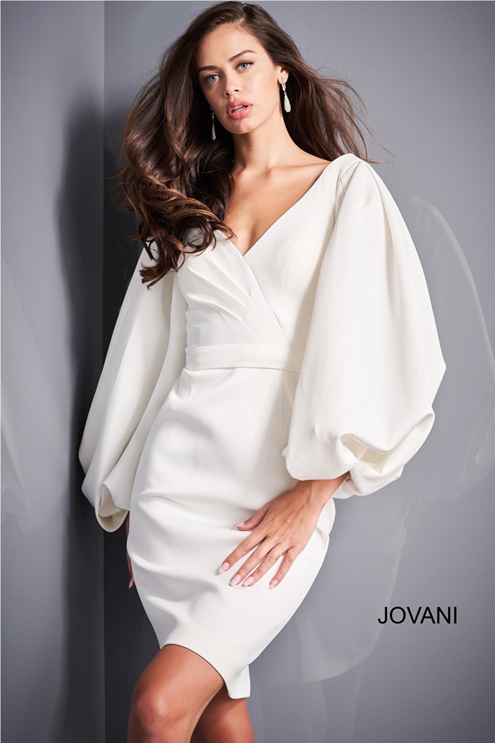 White bubble long sleeve cocktail dress Jovani 04370
