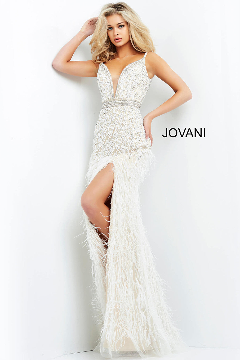 Feather skirt white prom dress Jovani 04626