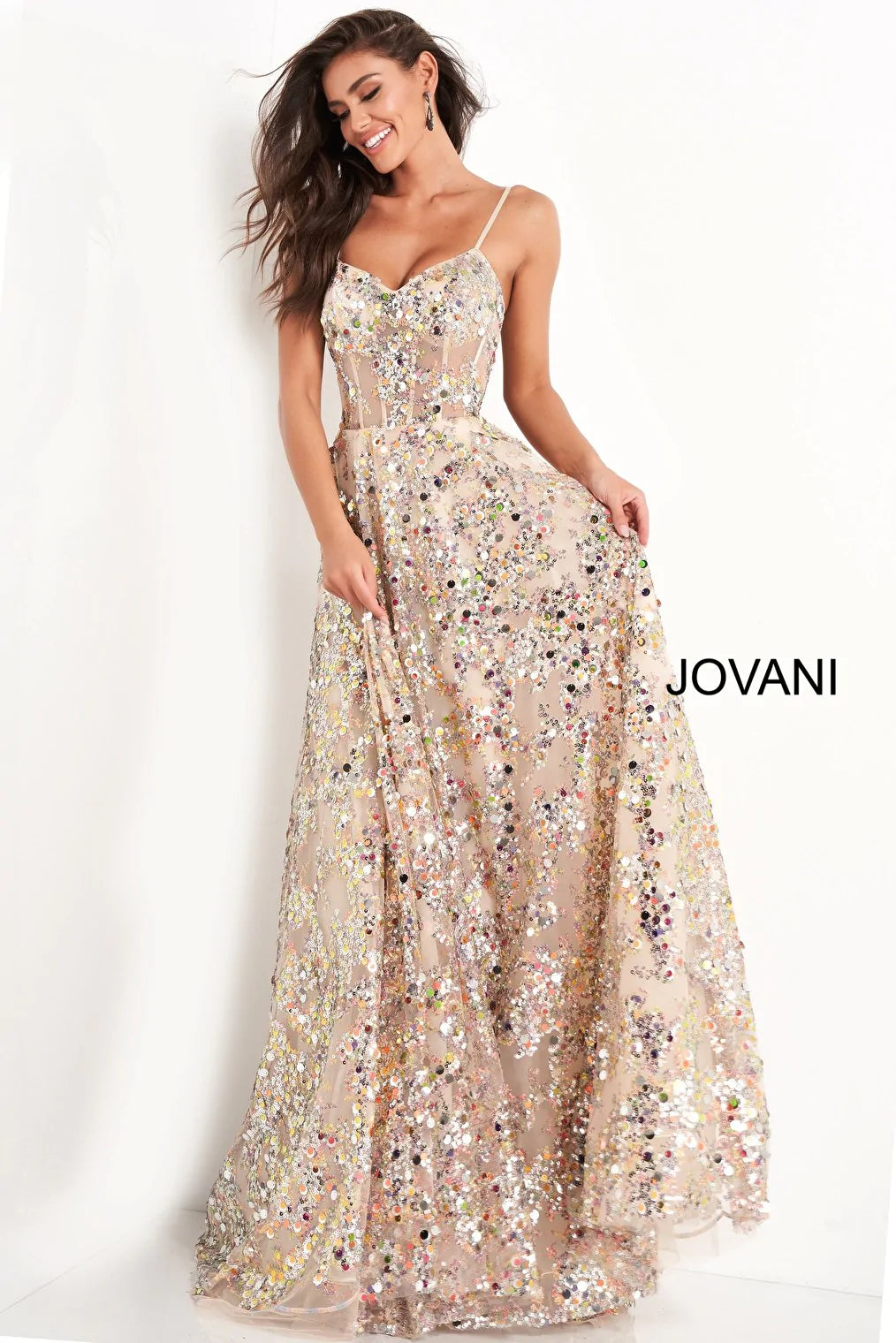 Jovani 24255 Nude Silver Beaded V Neck Evening Ballgown |  NorasBridalBoutiqueNY