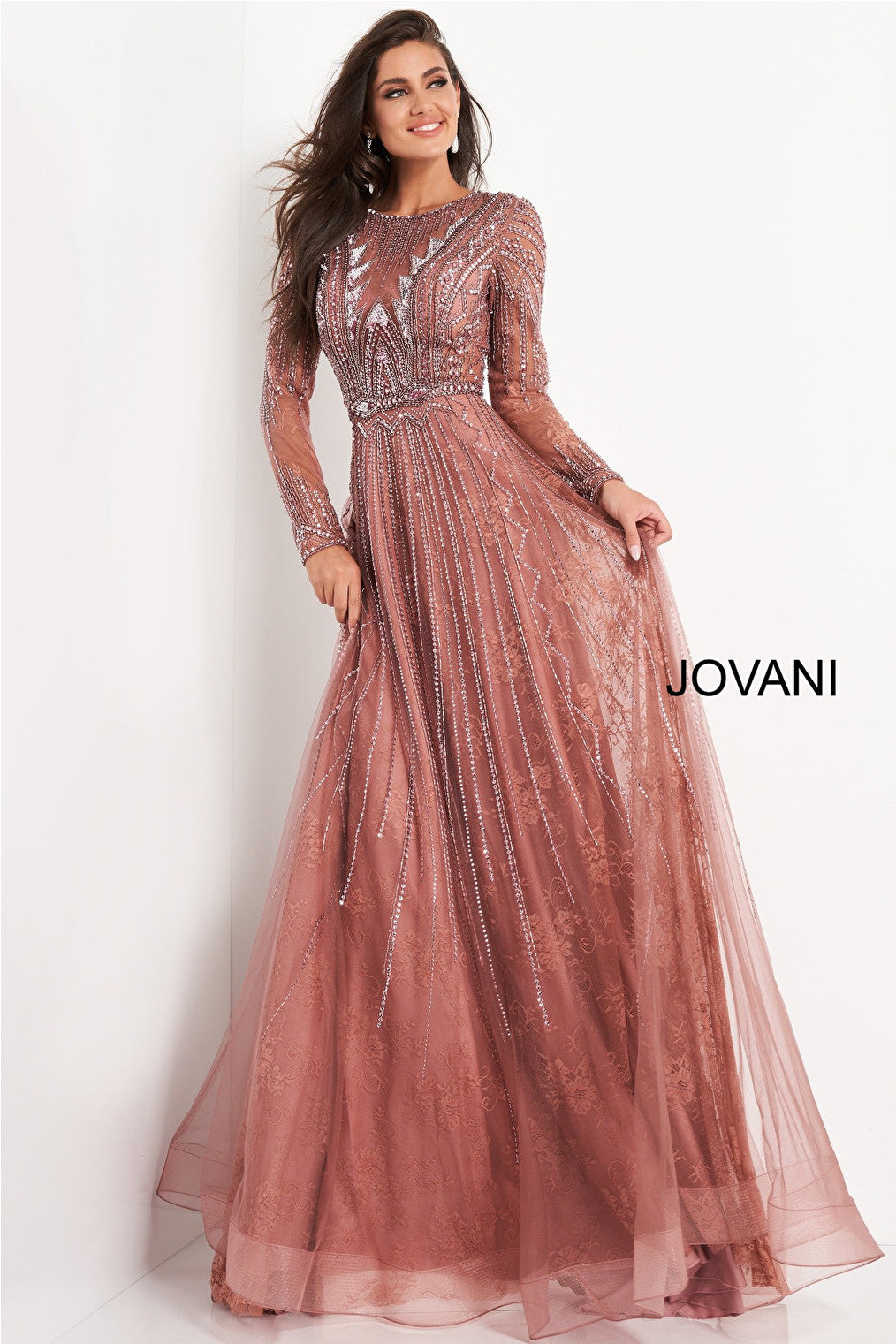Jovani 04698 Old Rose Embellished Long Sleeve Mother of the Bride Gown