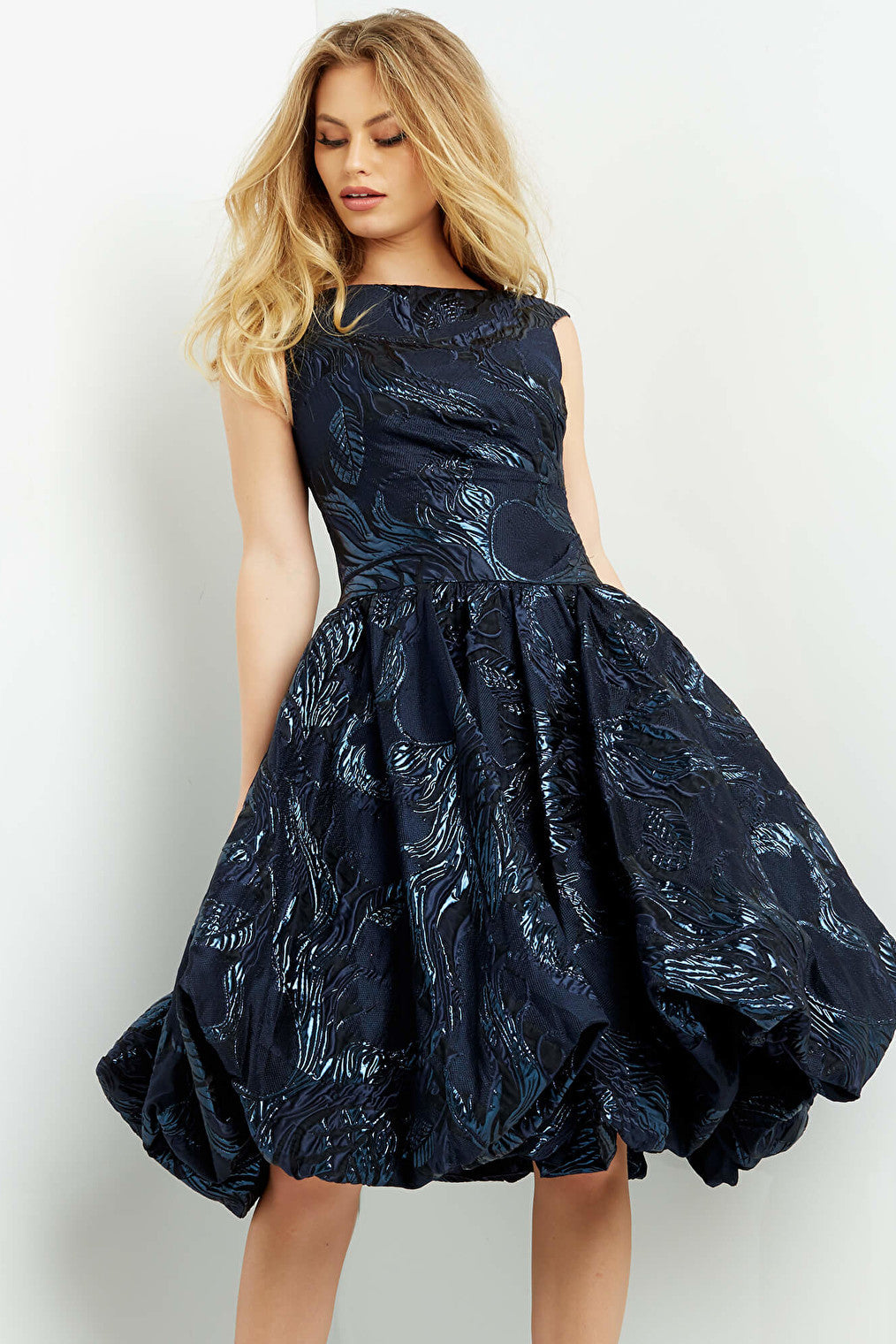 Jovani 05016 Navy Fit and Flare Knee Length Cocktail Dress