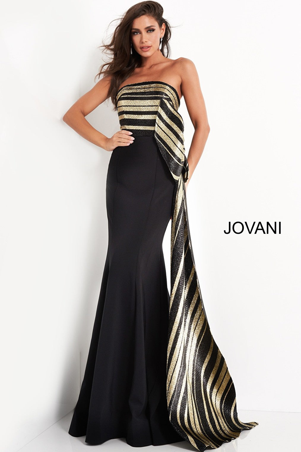 Black gold strapless Jovani evening dress 05084