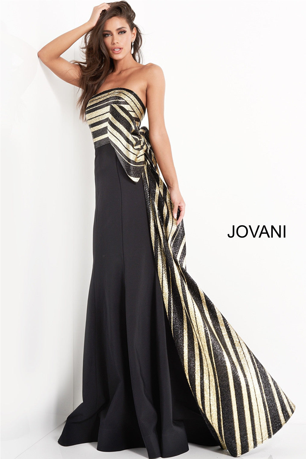 black gold floor length Jovani evening dress 05084
