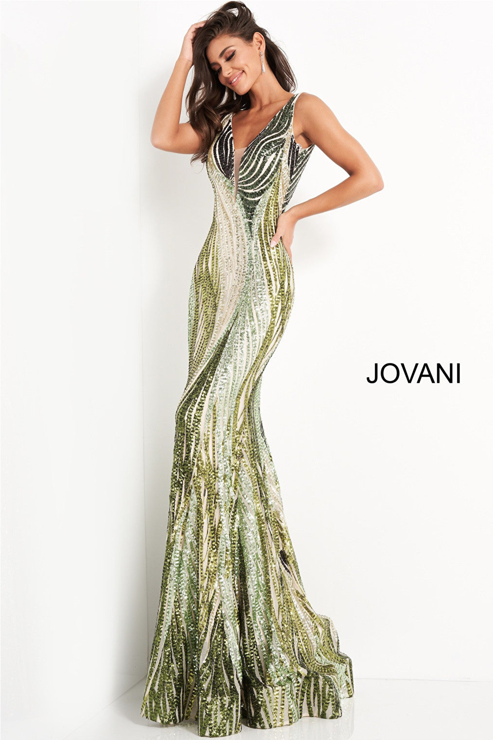 Green plunging neck Jovani prom dress 05103