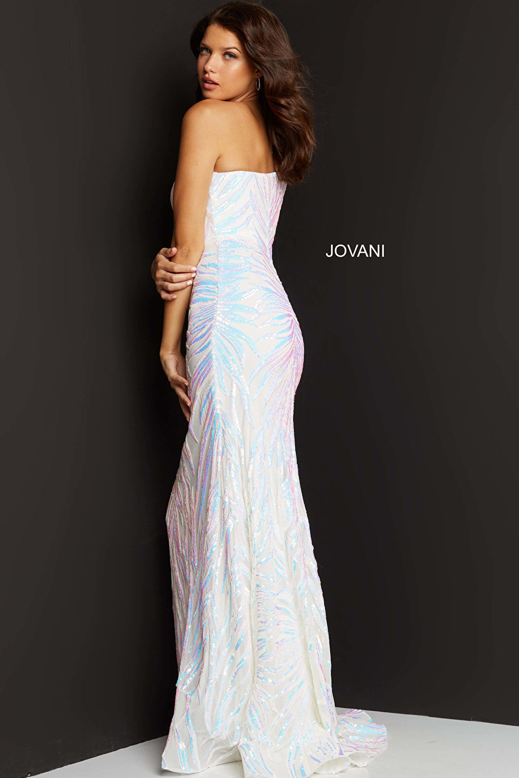 One shoulder sequin white prom dress 05664