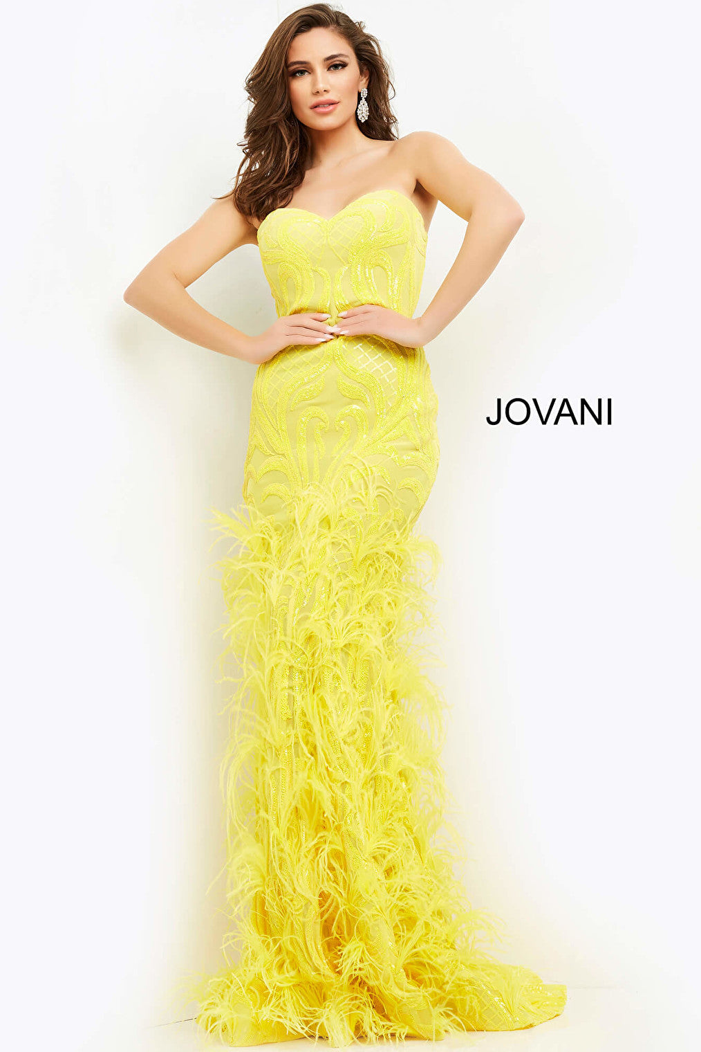 Yellow feather skirt prom dress Jovani 05667